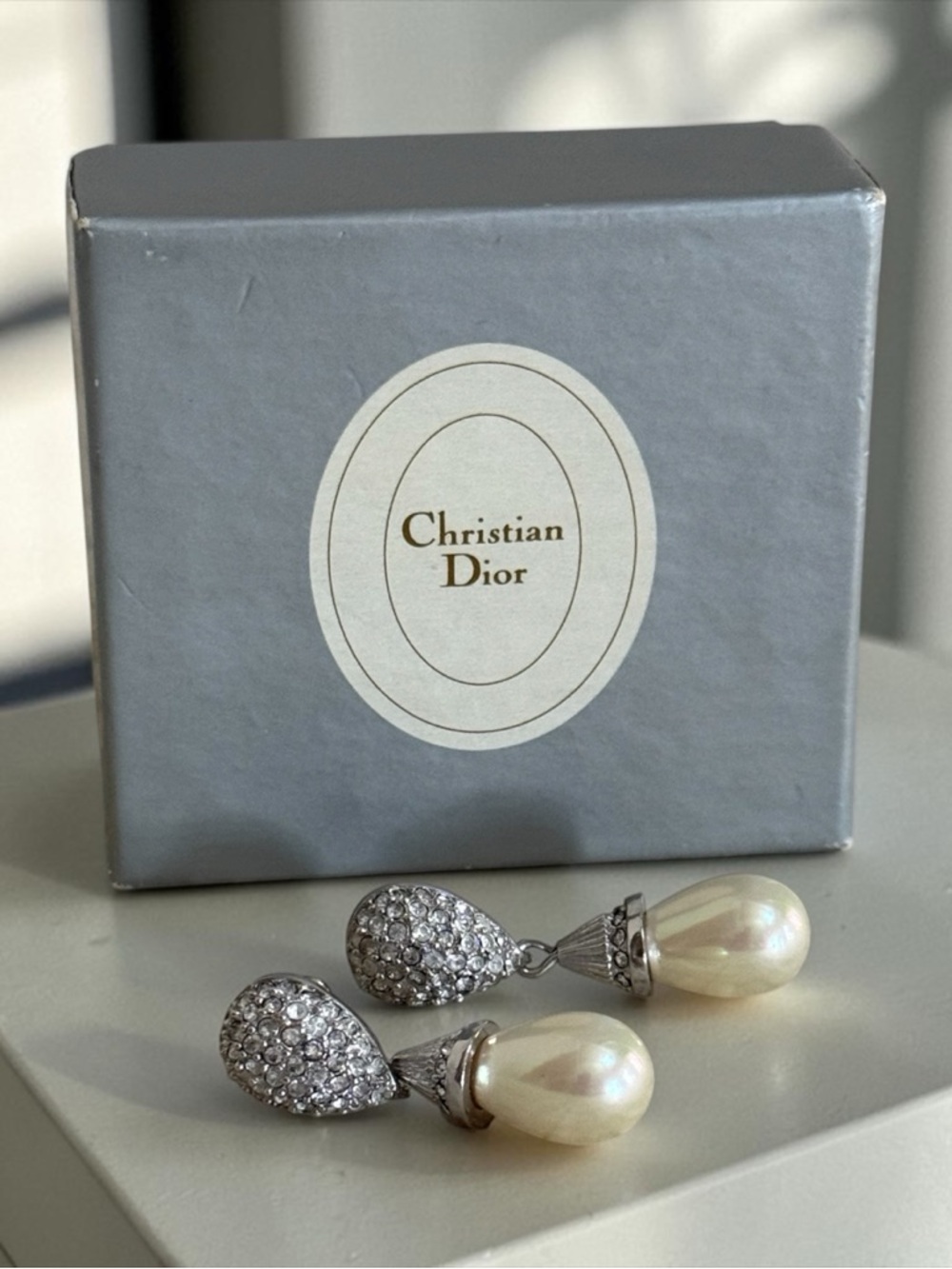 Authentic Christian Dior Silver Crystal and Cream Pearl Drop Post Earrings! COA!